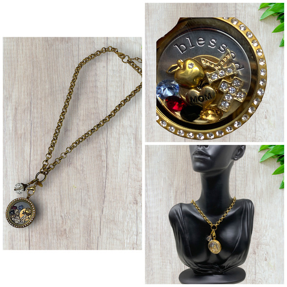 Origami Owl Gold Tone Swarovski Crystal Locket "Blessed" Necklace Charm Mom Love - Picture 1 of 9